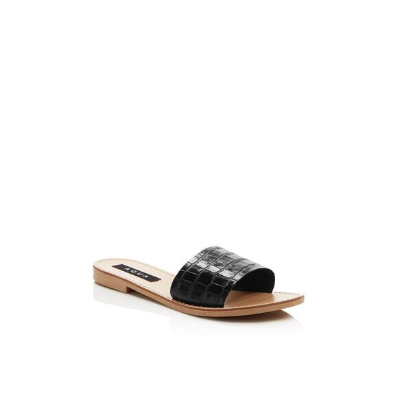 AQUA Womens Black Croc Slide Toe Block Heel Slip On Leather Slide Sandals 10 M